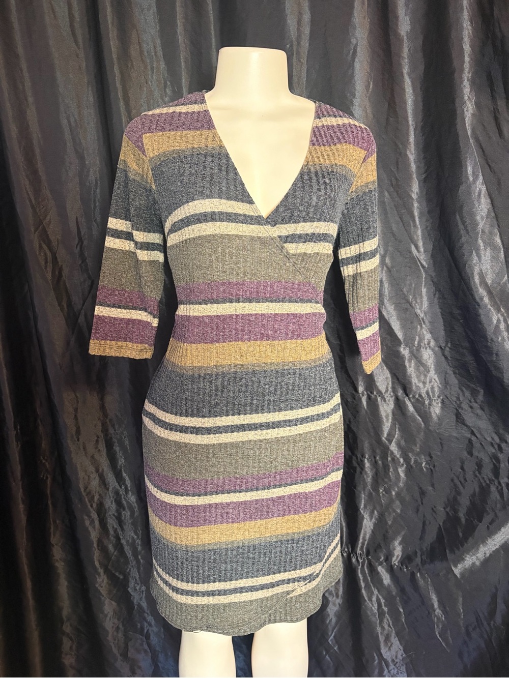 Emma & Michele Striped V-Neck Knit Midi Dress in Gray, Purple, and Mustard